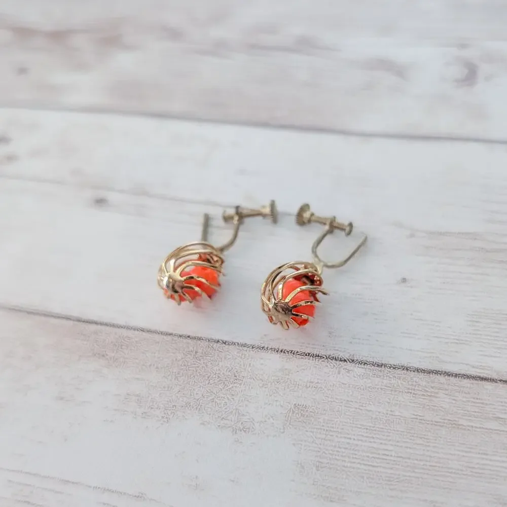 Vintage Screw Back Earrings Gold Tone with Orange - Dangle Earrings
